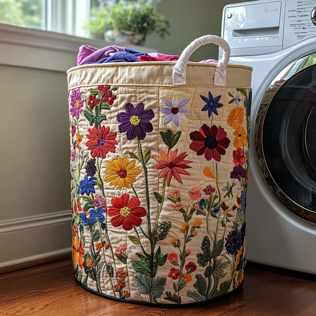 Panier à linge en tissu brodé, forme cylindrique, fleurs multicolores et anses blanches.