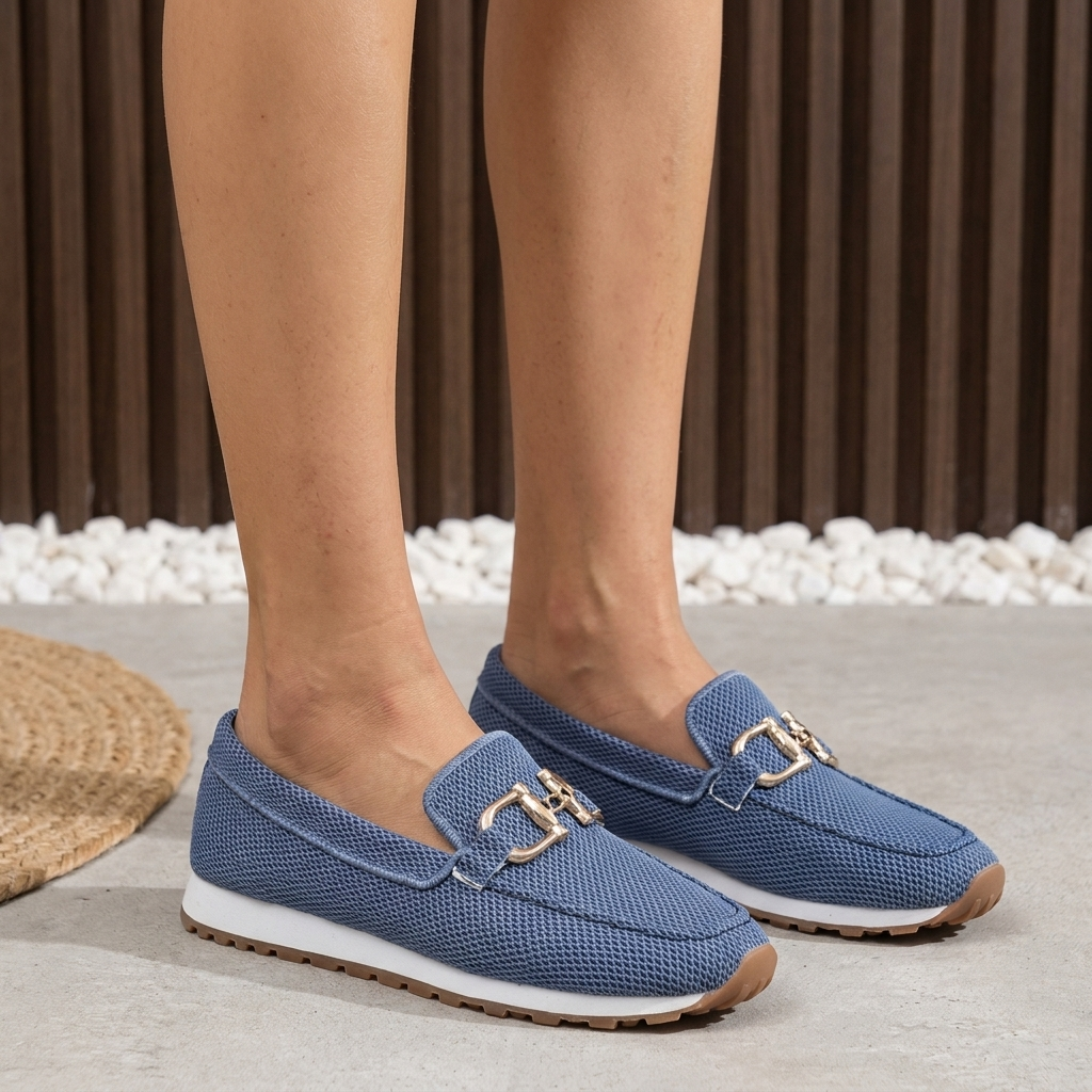Mocassins souples à enfiler en tissu bleu, bride décorative à boucle dorée