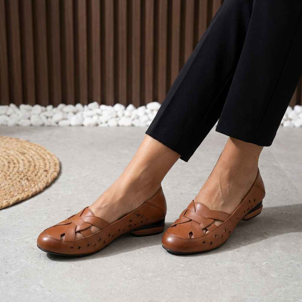 Ballerines marron à talon bas, bride croisée et perforations