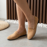 Mocassins souples en daim chameau, bout pointu, petit talon bloc