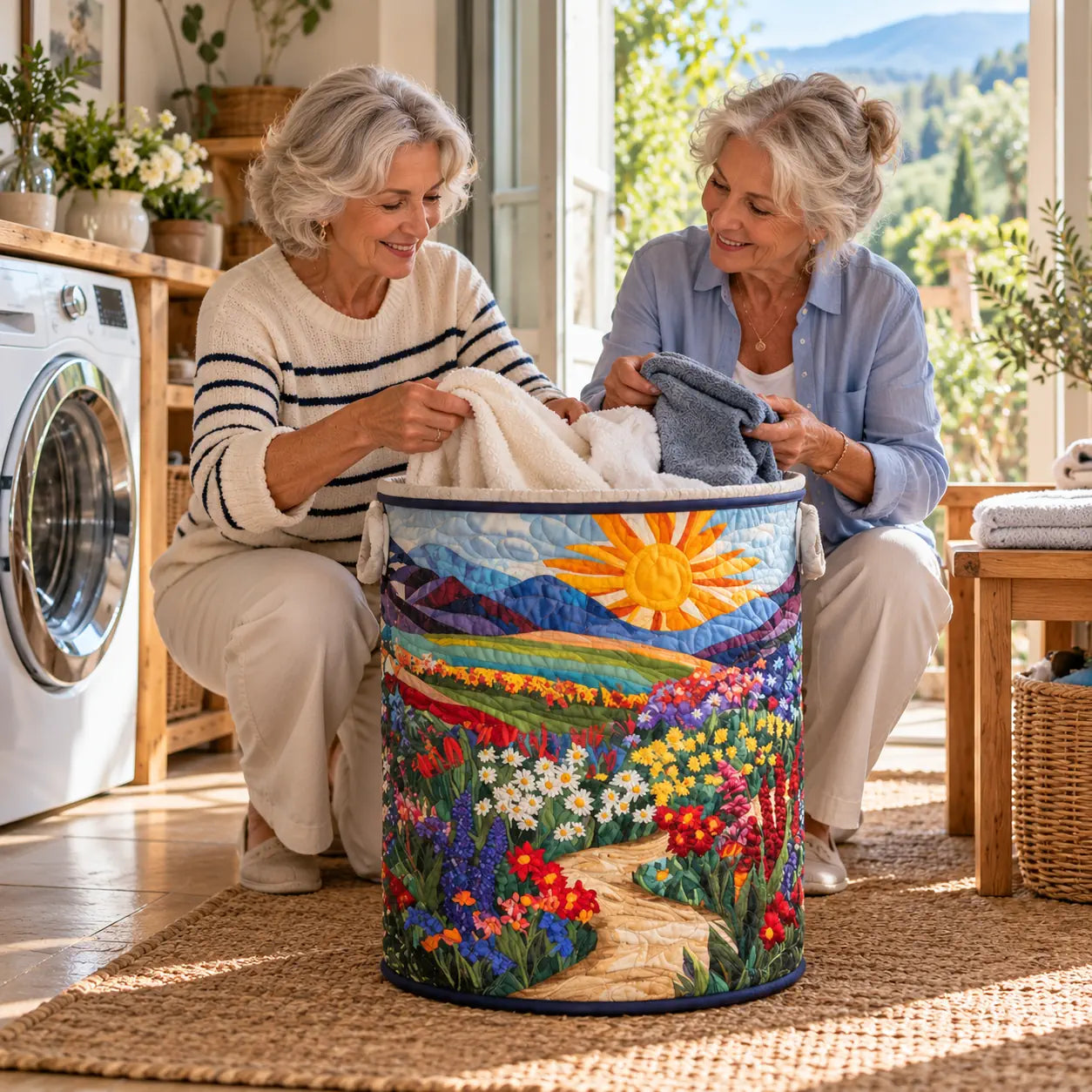Panier à linge rond fait main, décor floral multicolore en tissu
