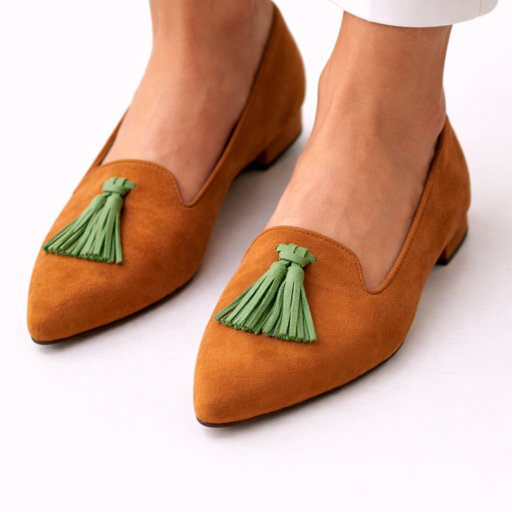 Mocassin Freya camel à pompon vert, bout pointu et talon bas