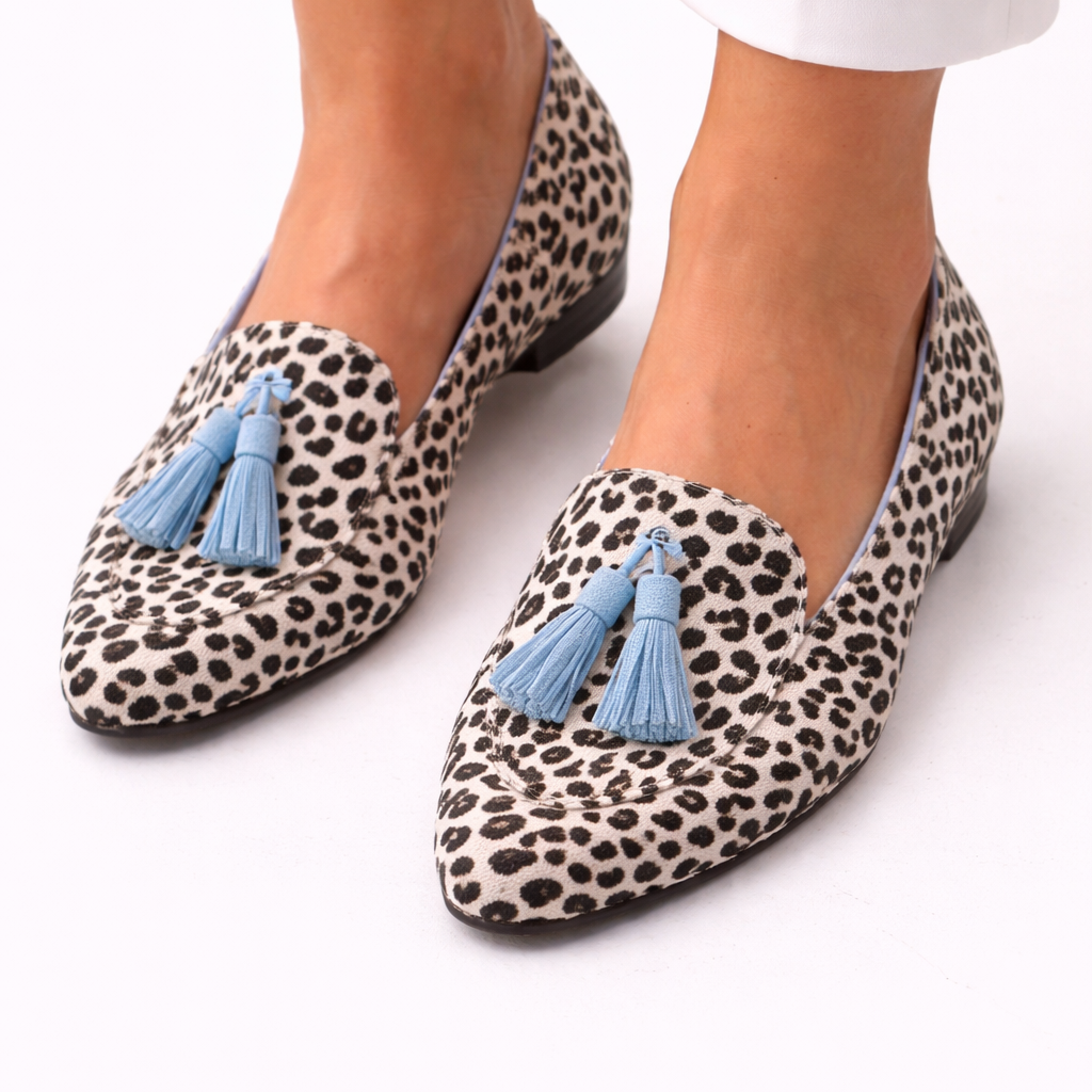 Mocassins imprimé léopard avec pompon bleu, bout pointu, style confortable