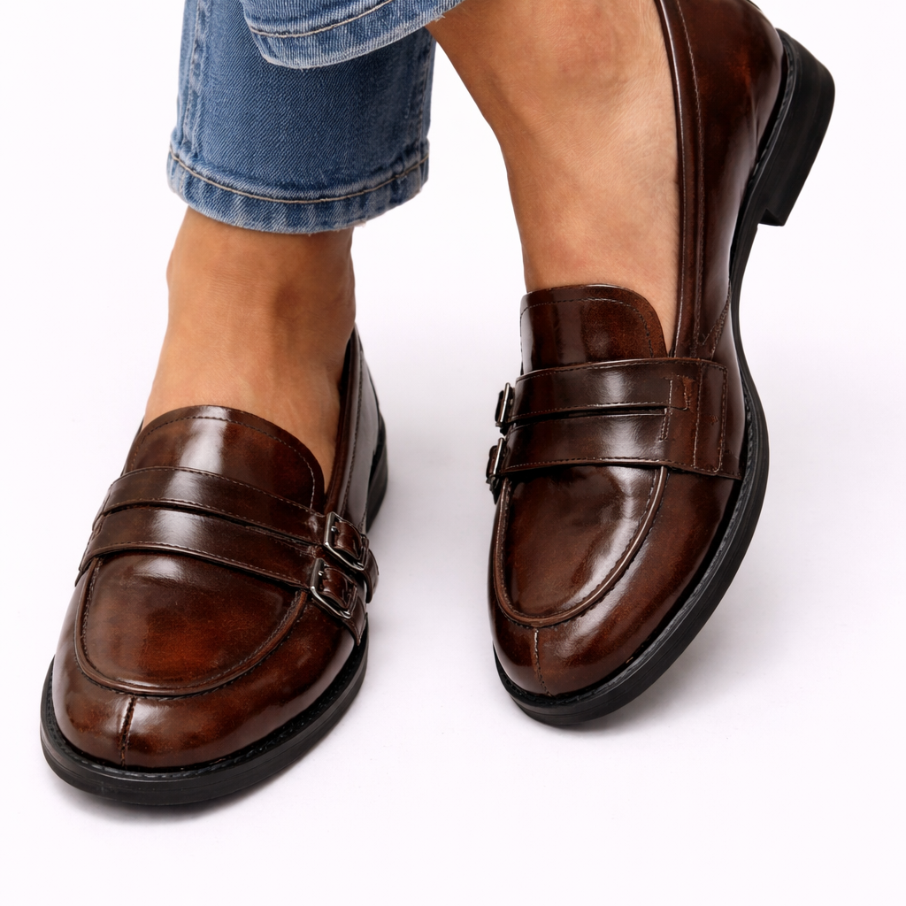 Chaussures mocassin marron foncé avec brides à boucle et semelle noire