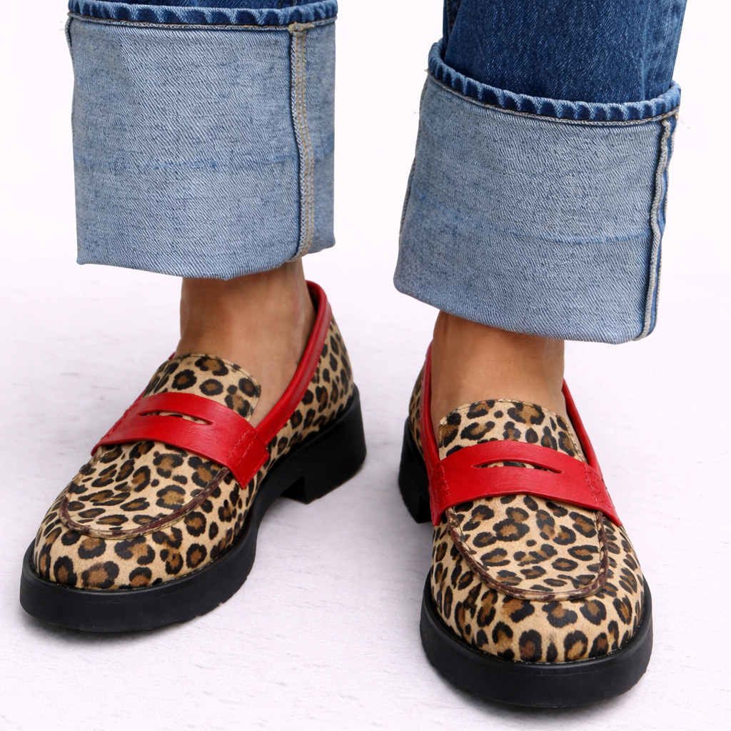 Mocassins Roxie à imprimé sauvage, empiècements rouges et semelle noire sous jean