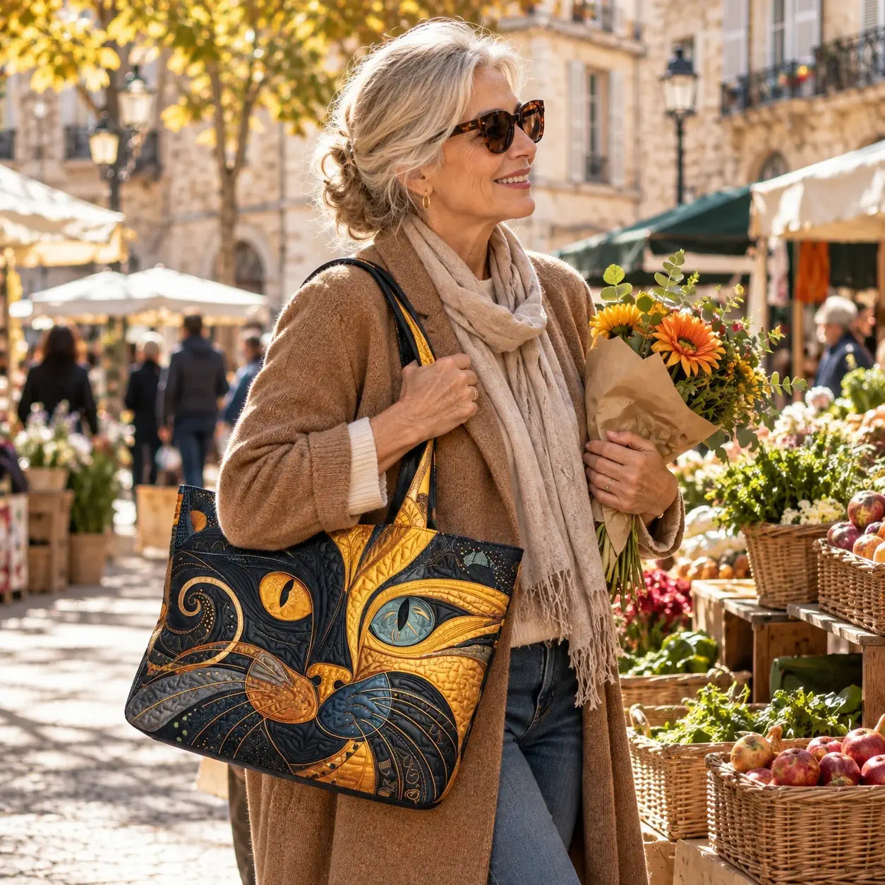 Cabas artisanal en tissu sombre avec motifs de chat stylisé, anses à bandoulière.
