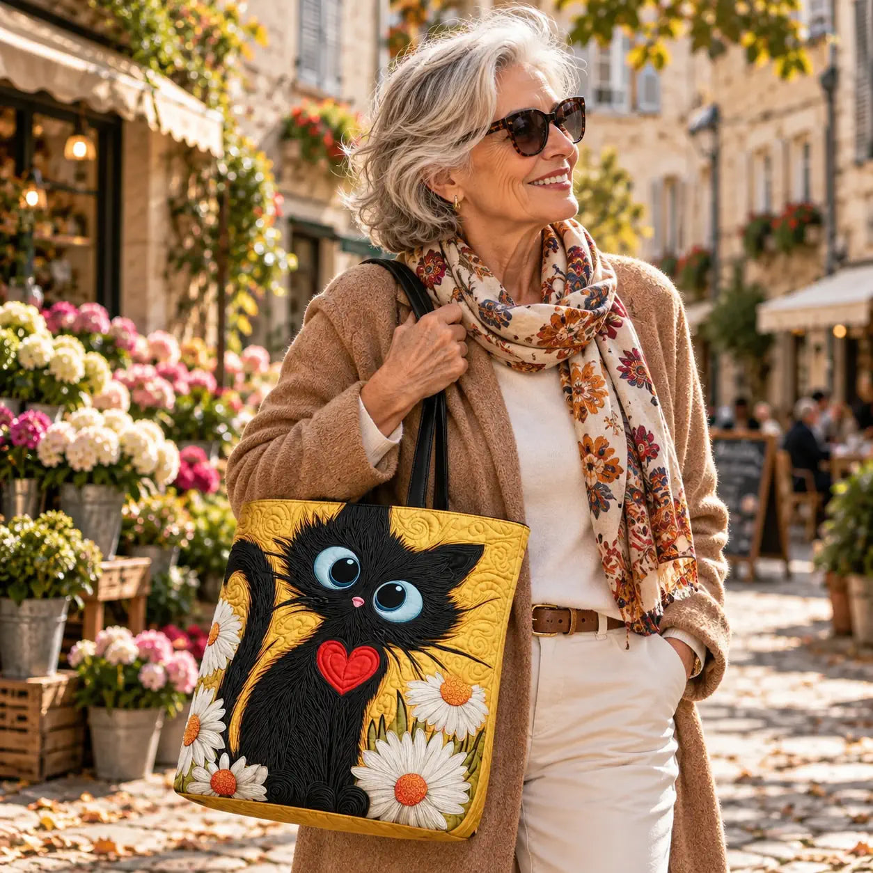 Sac artisanal à bandoulière, chat noir brodé avec marguerites et cœur, bord jaune.