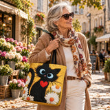 Sac artisanal à bandoulière, chat noir brodé avec marguerites et cœur, bord jaune.