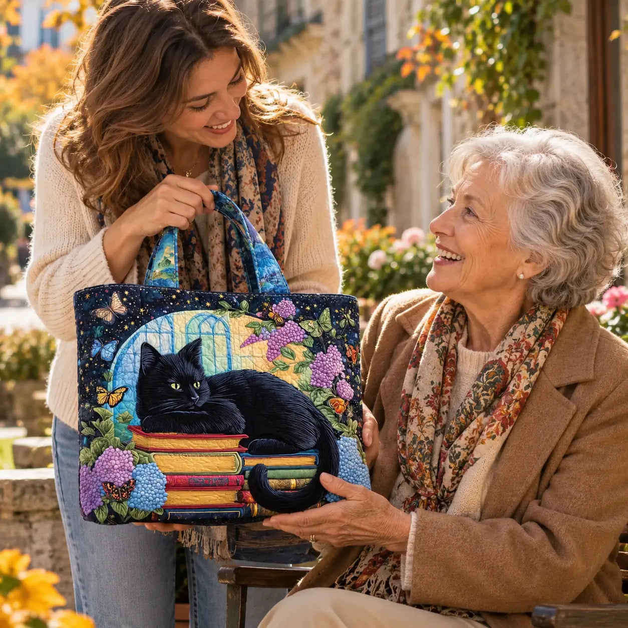 Sac cabas en tissu patchwork, chat noir sur livres colorés, anses