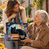 Sac cabas en tissu patchwork, chat noir sur livres colorés, anses