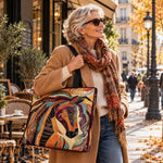 Sac cabas artisanal à motif cheval en mosaïque multicolore, anses noires.