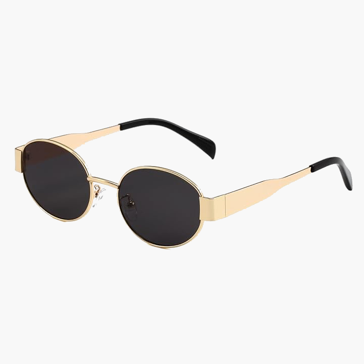Lunettes de soleil rondes, monture dorée, verres foncés noirs, branches noires