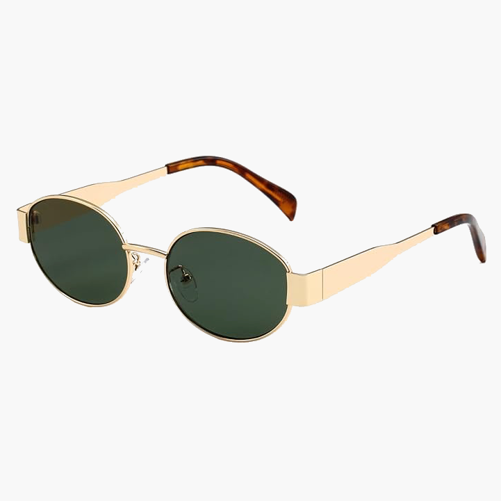 Lunettes de soleil rondes, monture dorée, verres verts foncés, branches écaille