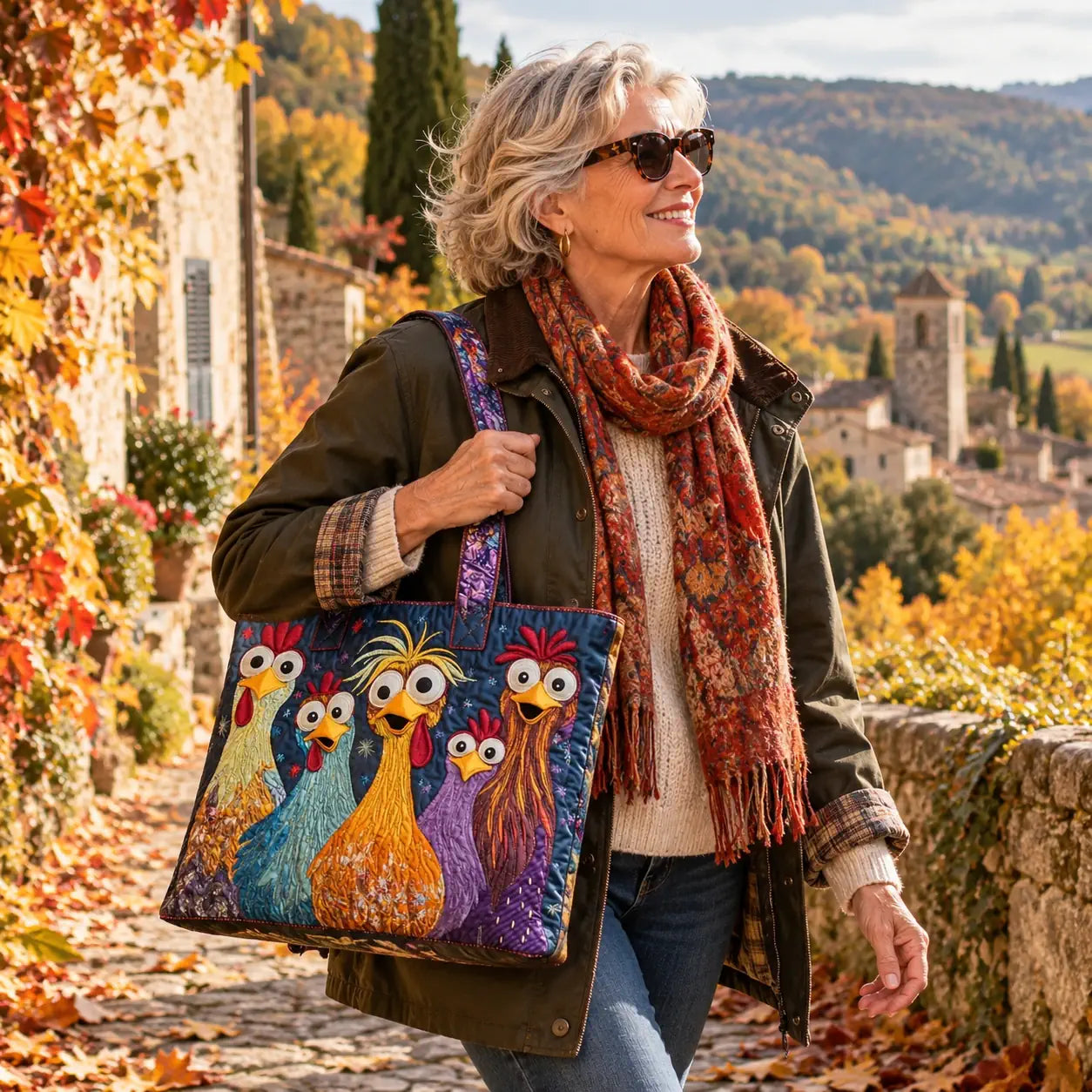 Sac artisanal en toile, grand cabas coloré avec motif de cinq poules multicolores
