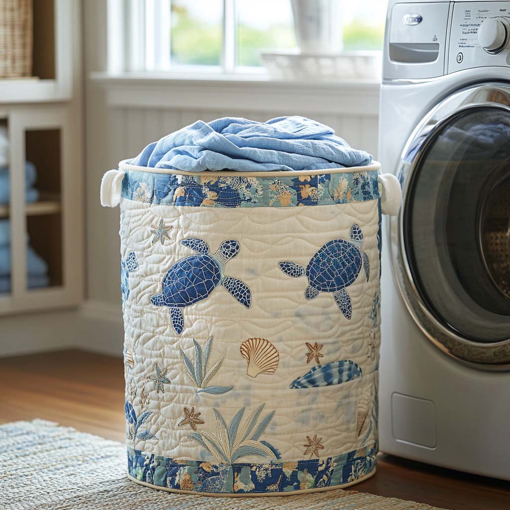 Panier à linge en tissu fait main, motif coquillages et tortues marines bleues, rond.