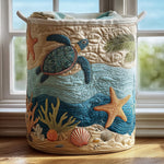 Panier à linge en tissu fait main, motifs marins: tortue, étoiles de mer, anses.
