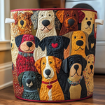 Panier à linge en tissu patchwork, motif chiens colorés, fait main, poignées latérales