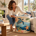 Panier à linge fait main Corail en tissu rond, motif animaux marins et coquillages.