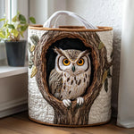 Panier à linge en tissu fait main, poignée, motif hibou sur doublure matelassée.