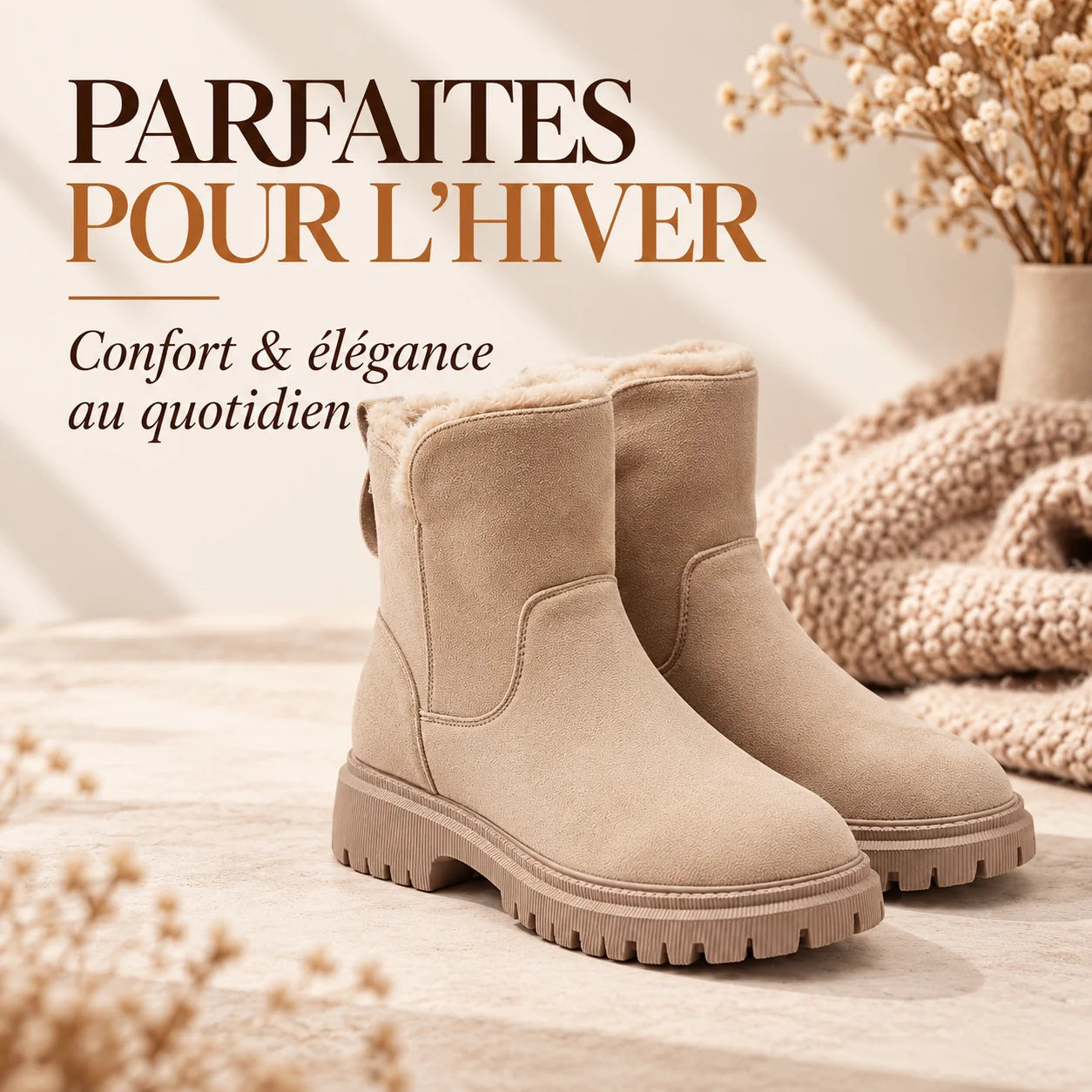 Bottes à tige haute en daim beige, bout arrondi, semelle crantée
