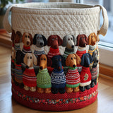 Panier à linge en tissu beige, bord arrondi et appliqués de petits chiens