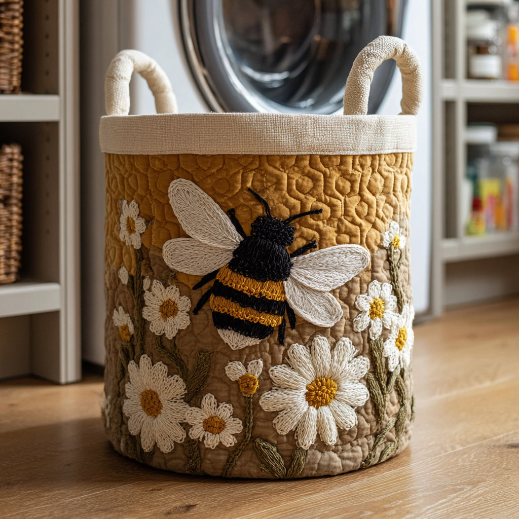 Panier à linge en tissu beige, motif abeille et fleurs, anses en corde