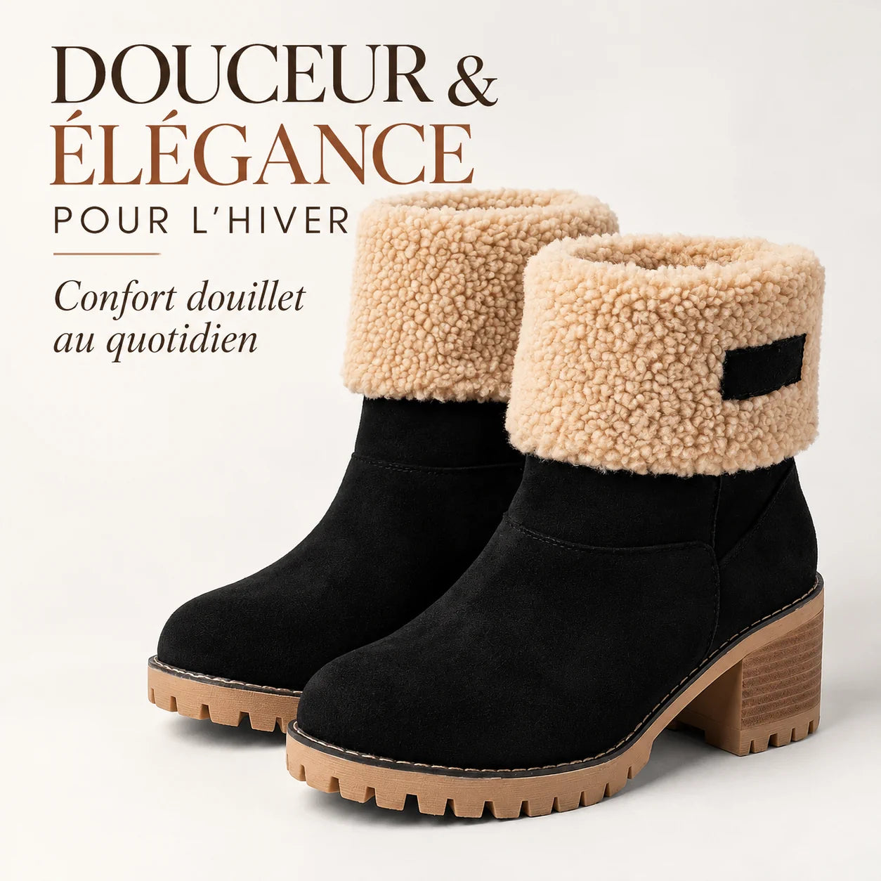 Bottes fourrées sherpa en daim noir, tige courte et semelle crantée à talon