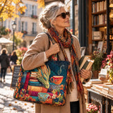 Tote en toile bleue brodée, motif dragon lecteur, livres et tasses, anses