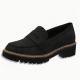 Mocassin noir à semelle crantée, bout mocassin et bride décorative