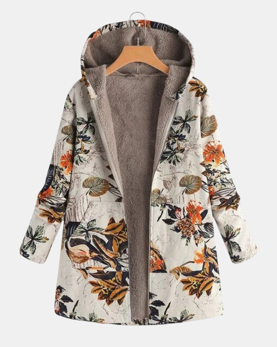 Manteau à capuche à imprimé floral, intérieur sherpa gris, manches longues