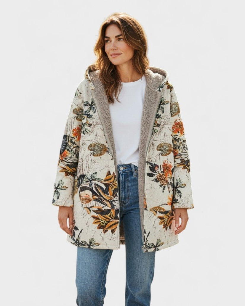 Manteau à capuche doublé sherpa, imprimé floral multicolore, coupe longue