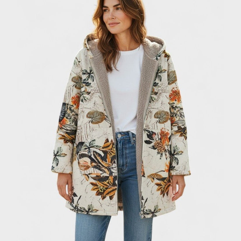 Manteau à capuche doublé sherpa, imprimé floral multicolore, coupe longue