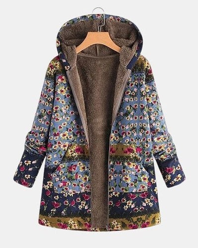 Pull à capuche doublé sherpa à motif floral, fermeture zippée, tissu épais