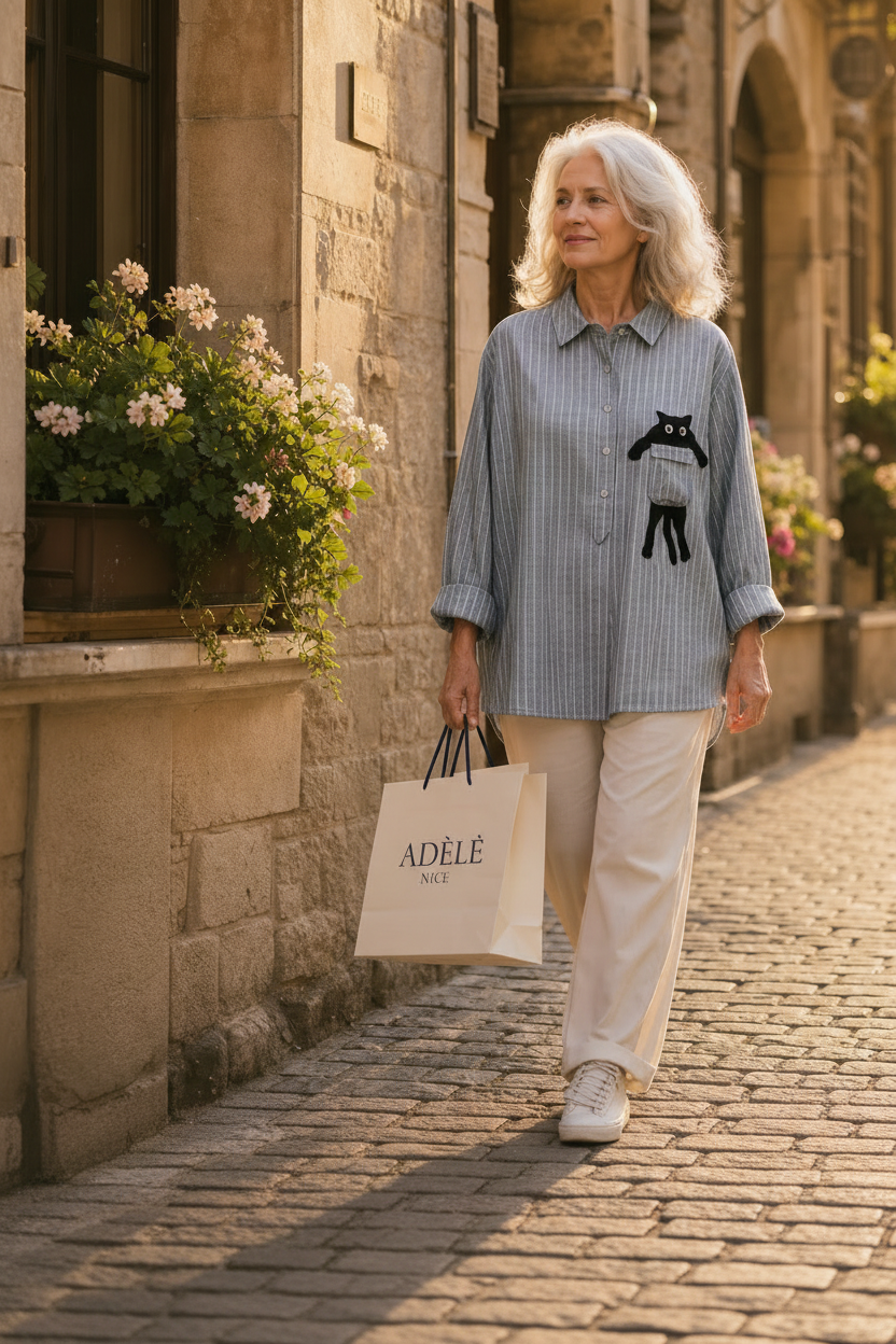 Blouse rayée bleu clair, col chemise, boutons devant, ourlet asymétrique et appliqué chat noir.