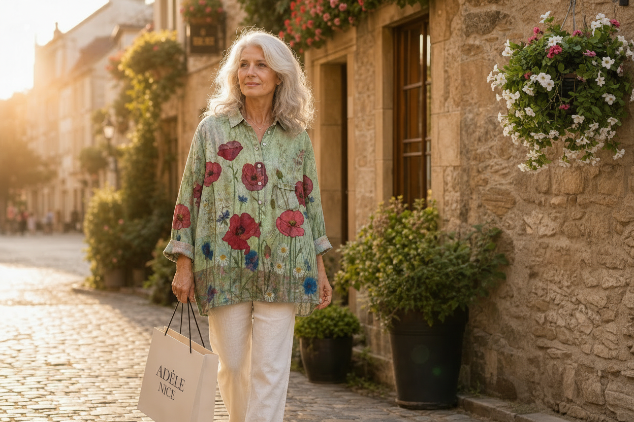 Blouse d’été verte à fleurs rouges et bleues, col boutonné, manches trois-quarts