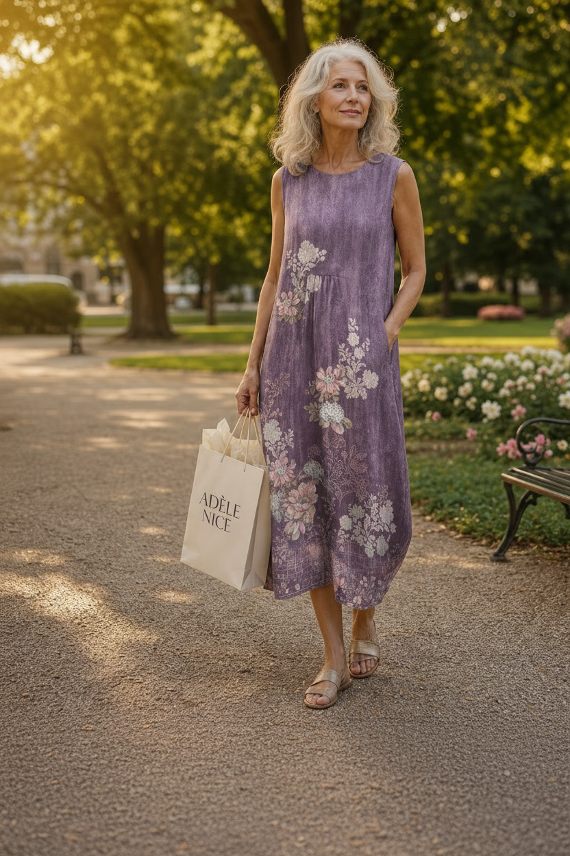 Robe fluide sans manches violet mauve, imprimé bouquets de fleurs roses et blanches, ample.