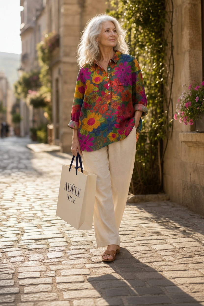 Blouse d’été multicolore à fleurs, ample, portée avec un pantalon clair