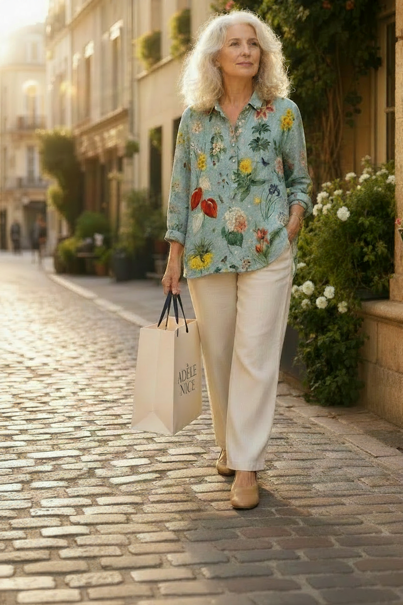 Blouse d’été bleu clair à fleurs jaunes et rouges, boutonnée, col.