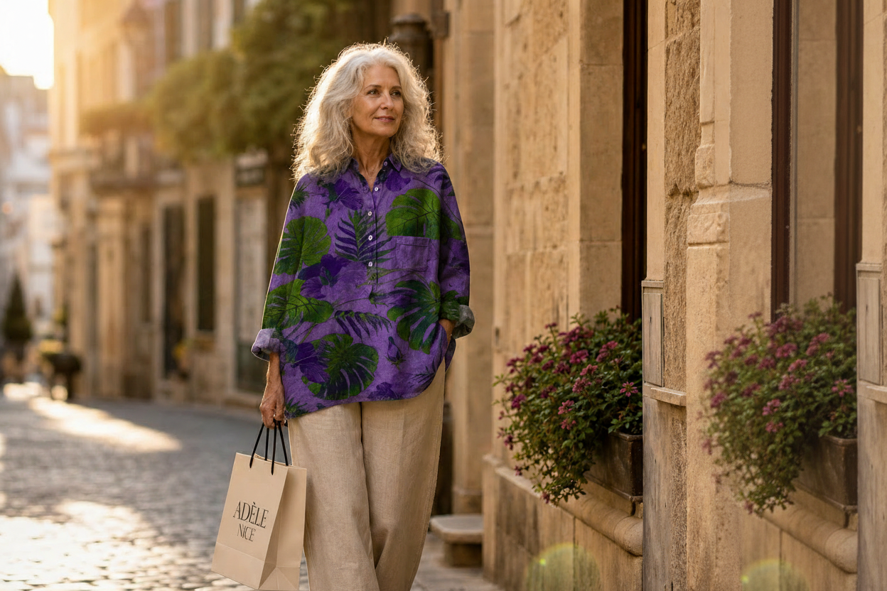 Blouse ample violette à motifs feuilles vertes, col boutonné, silhouette fluide