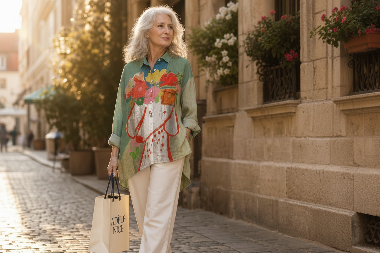 Blouse d’été ample vert sauge, imprimé fleurs multicolores, col chemise