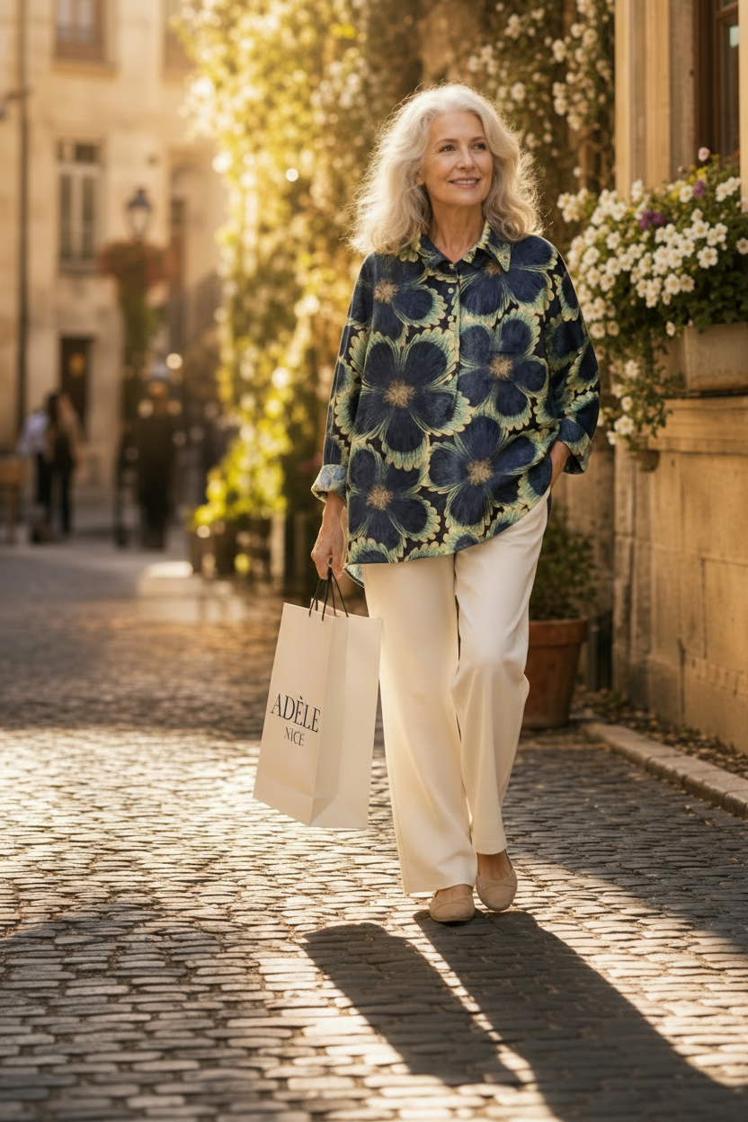 Blouse ample à col boutonné, imprimé fleurs bleu nuit et vert, portée en extérieur.