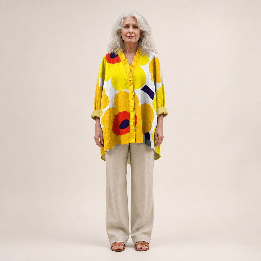 Blouse jaune à grands motifs fleurs, boutons sur le devant, manches retroussées