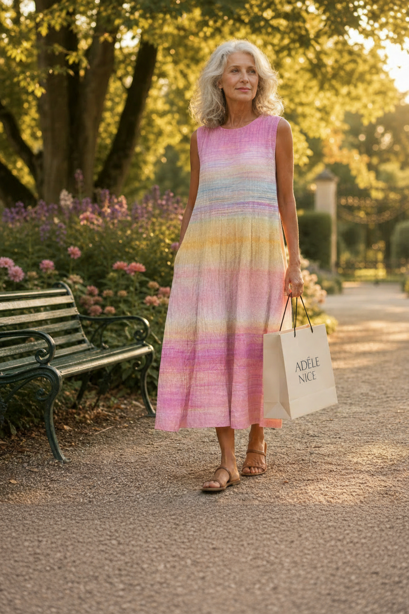 Robe d’été sans manches à rayures rose, bleu et jaune, portée mi-longue.