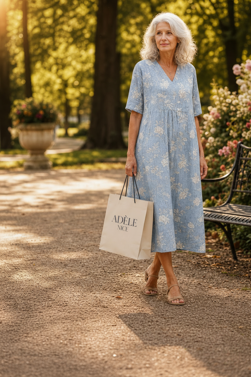 Robe midi bleue claire à imprimé floral, col V et manches courtes, taille froncée