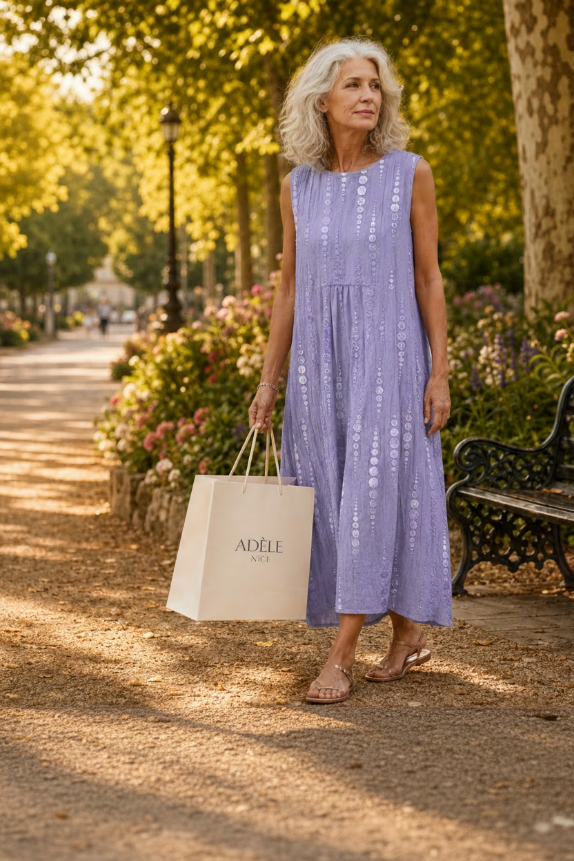 Robe fluide lilas sans manches, motifs brodés, encolure ronde