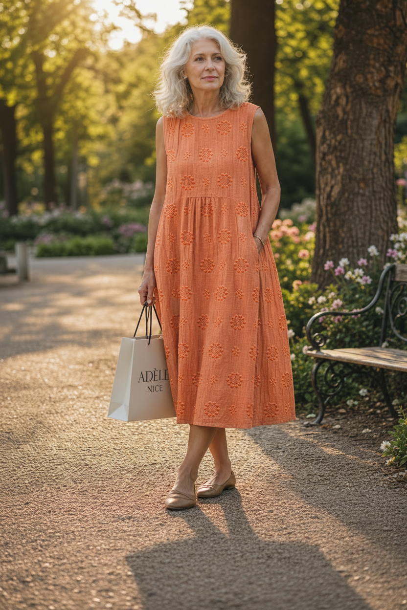 Robe orange sans manches à motifs floraux, coupe ample mi-longue
