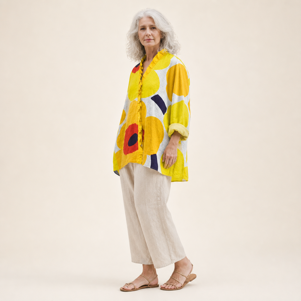 Blouse ample jaune à motifs fleurs, col à volants et boutonnage, manches 3/4