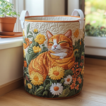 Panier à linge rond en tissu brodé, anses blanches, chat roux et fleurs