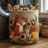 Panier à linge rond en tissu, anses en cuir, motifs renard et fleurs brodés