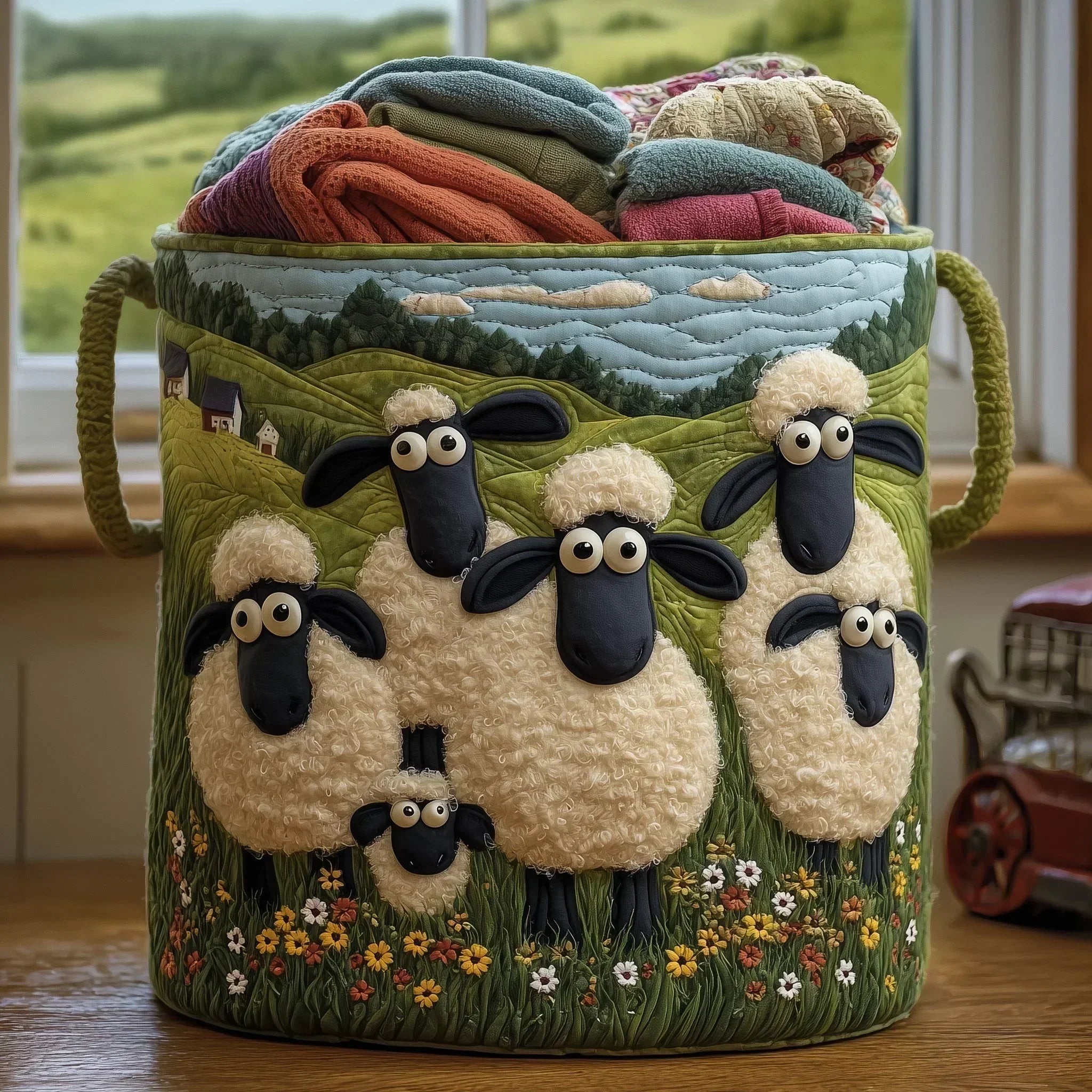 Panier à linge fait main vert avec coutures, anses corde et appliqués de moutons en peluche.